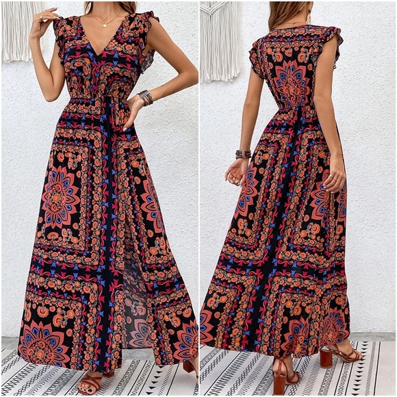 Boho Floral Print V neck Ruffle Sleeve Maxi Dress - Picture 8 of 9